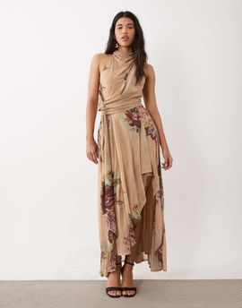 ASOS DESIGN ASOS DESIGN stretch chiffon high low draped cowl halter maxi dress in chamomile-Multi