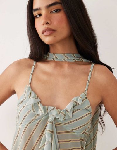 ASOS DESIGN ASOS DESIGN stretch chiffon ruffle plunge scarf top in striped print - part of a set-Multi