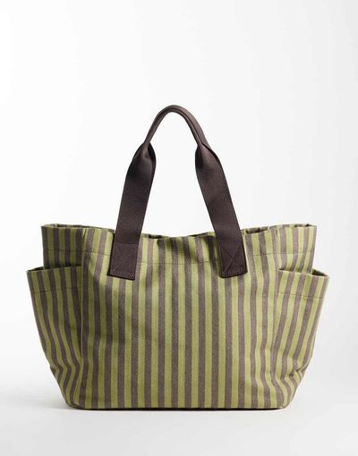 ASOS DESIGN ASOS DESIGN striped canvas multi pocket tote bag in green and chocolate