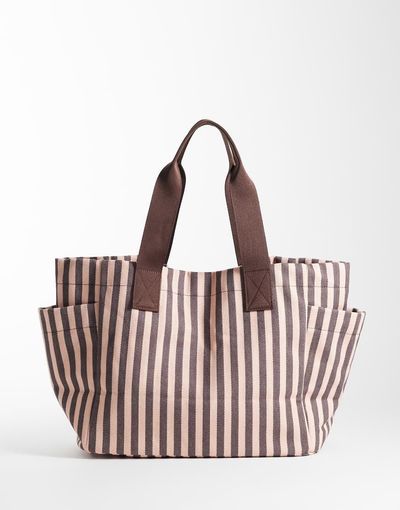 ASOS DESIGN ASOS DESIGN striped canvas multi pocket tote bag in light pink and chocolate