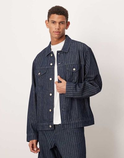ASOS DESIGN ASOS DESIGN striped denim jacket in raw wash - part of a set-Blue