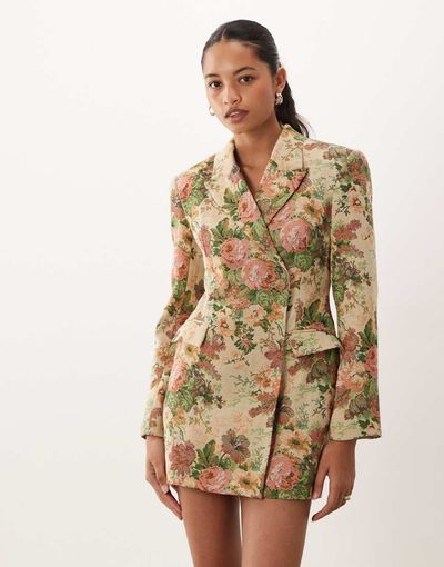 ASOS DESIGN ASOS DESIGN structured double breasted blazer mini dress in vintage floral tapestry-Multi