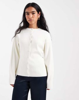 ASOS DESIGN ASOS DESIGN structured knit crew neck cardigan with covered buttons in cream-White