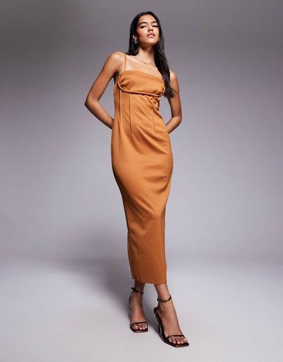 ASOS DESIGN ASOS DESIGN structured pencil midi dress with exposed seaming and corset detail in bronze-Brown