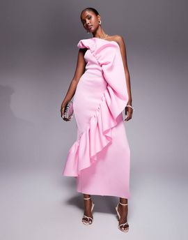 ASOS DESIGN ASOS DESIGN structured ruffle bandeau maxi dress in pink in scuba-style fabric