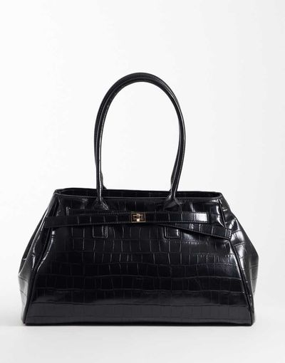 ASOS DESIGN ASOS DESIGN structured tote bag in croc with buckle belt detail in black