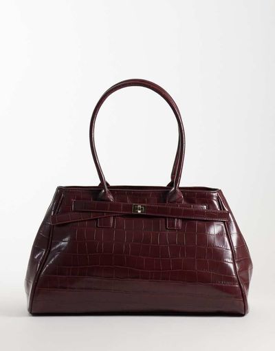 ASOS DESIGN ASOS DESIGN structured tote bag in croc with buckle belt detail in burgundy-Green