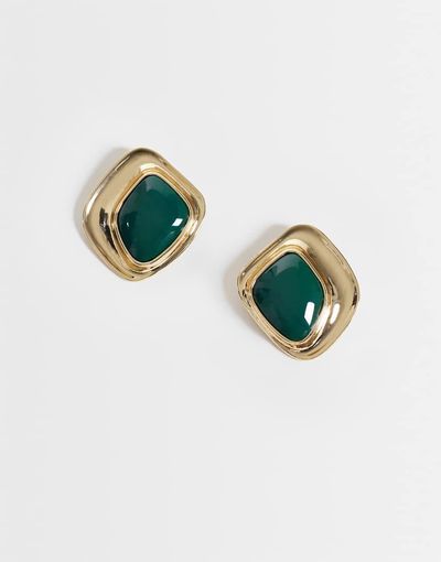 ASOS DESIGN ASOS DESIGN stud earrings with squared-off green stone setting in gold tone