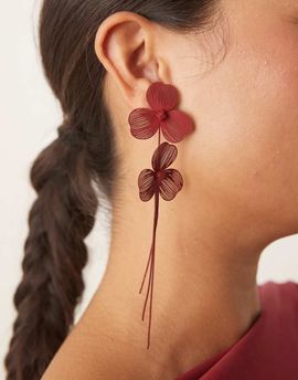 ASOS DESIGN ASOS DESIGN stud wire floral earrings with chain drop tassels in burgundy-Red