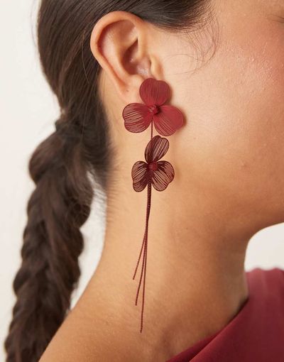 ASOS DESIGN ASOS DESIGN stud wire floral earrings with chain drop tassels in burgundy-Red