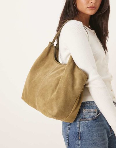 ASOS DESIGN ASOS DESIGN suede pinched handle scoop tote bag in olive-Green