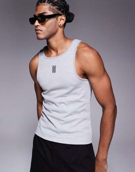 ASOS DESIGN ASOS DESIGN super heavyweight muscle fit high scoop tank top in gray heather with chest logo embroidery
