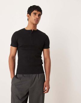 ASOS DESIGN ASOS DESIGN super heavyweight muscle fit t-shirt with henley neck in black rib knit