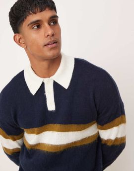 ASOS DESIGN ASOS DESIGN super oversized knit rugby polo sweater in navy with stripe