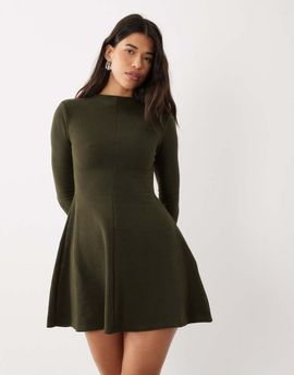 ASOS DESIGN ASOS DESIGN super soft grown-on neck long sleeve dress in olive-Gray