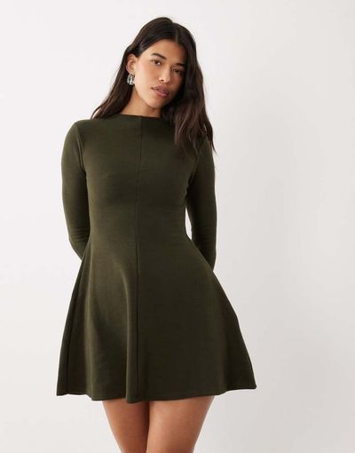 ASOS DESIGN ASOS DESIGN super soft grown-on neck long sleeve dress in olive-Gray