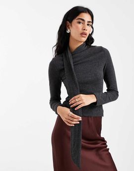 ASOS DESIGN ASOS DESIGN super soft scarf detail long sleeve top in gray