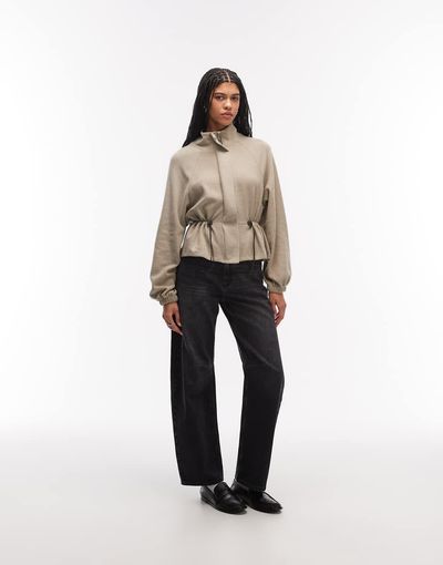 ASOS DESIGN ASOS DESIGN supersoft funnel neck cinched waist zip up top in taupe-Neutral