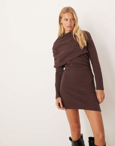 ASOS DESIGN ASOS DESIGN supersoft grown on ruched cape mini dress in chocolate brown-No color