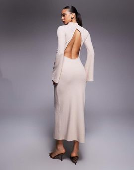 ASOS DESIGN ASOS DESIGN supersoft maxi with roll neck and open back detail in cream-White