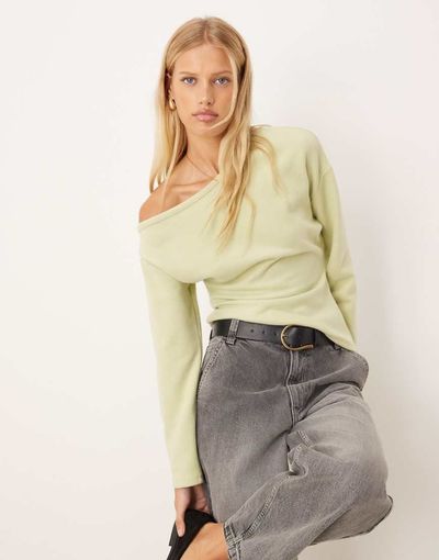 ASOS DESIGN ASOS DESIGN Supersoft off shoulder corset waist long sleeve top in pastel green