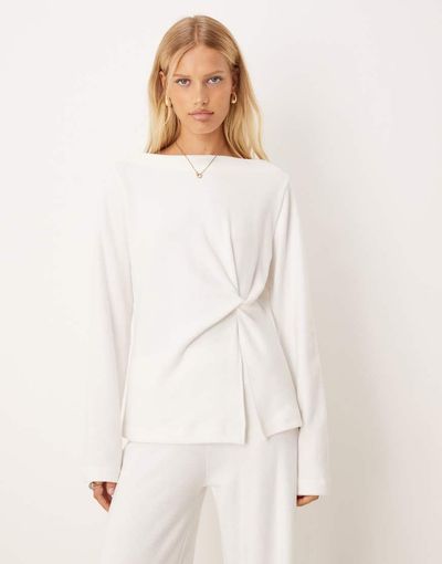 ASOS DESIGN ASOS DESIGN Supersoft off shoulder knot detail long sleeve top in winter white