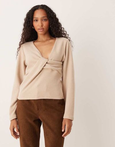 ASOS DESIGN ASOS DESIGN Supersoft one shoulder twist detail top in light taupe-Neutral