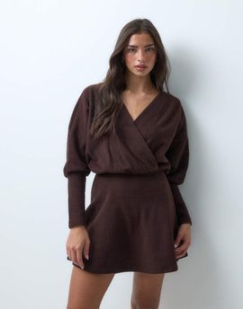 ASOS DESIGN ASOS DESIGN supersoft plunge batwing long sleeve mini dress in chocolate-No color