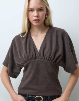 ASOS DESIGN ASOS DESIGN supersoft plunge neck batwing top in brown-Gray