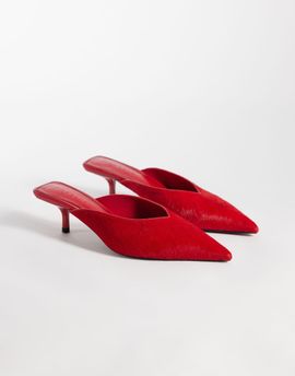 ASOS DESIGN ASOS DESIGN Surprise hair on real leather pointed kitten heeled mules in red
