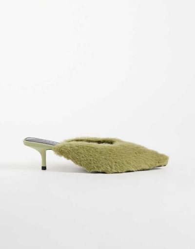 ASOS DESIGN ASOS DESIGN Surprise pointed kitten heeled mules in green fur