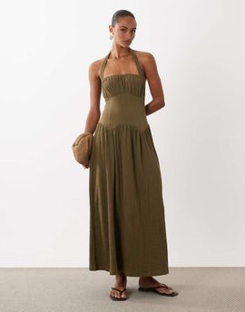 ASOS DESIGN ASOS DESIGN sweetheart neck shirred midaxi dress in brown-Multi