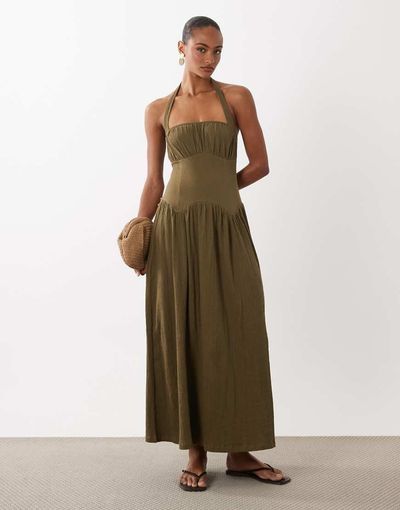 ASOS DESIGN ASOS DESIGN sweetheart neck shirred midaxi dress in brown-Multi