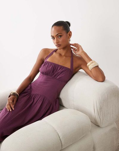 ASOS DESIGN ASOS DESIGN sweetheart neck shirred midaxi dress in purple-Multi