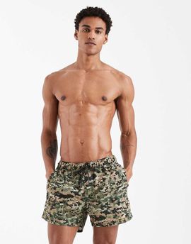 ASOS DESIGN ASOS DESIGN swim shorts in short length in khaki camo print-Green