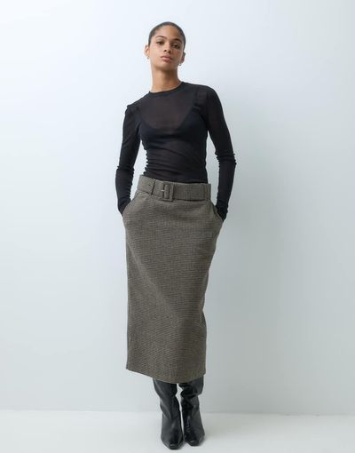 ASOS DESIGN ASOS DESIGN Tailored belted pencil midi skirt in brown wool check