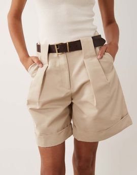 ASOS DESIGN ASOS DESIGN tailored belted turn-up shorts in stone-Neutral