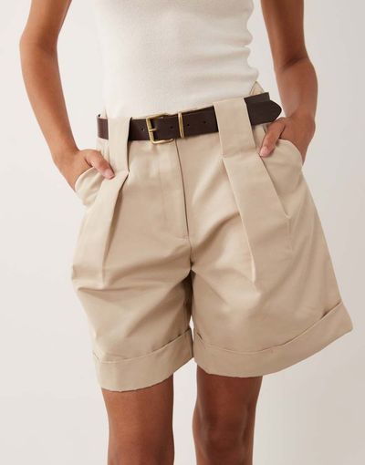 ASOS DESIGN ASOS DESIGN tailored belted turn-up shorts in stone-Neutral