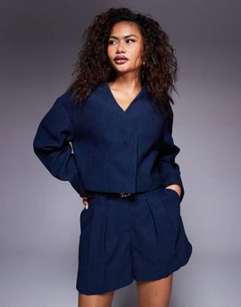 ASOS DESIGN ASOS DESIGN tailored cropped textured blazer in navy - part of a set