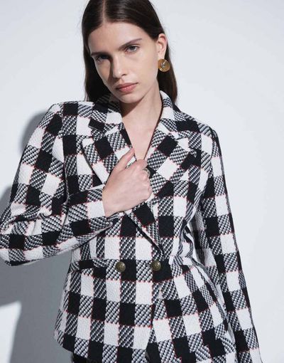 ASOS DESIGN ASOS DESIGN Tailored double breasted boucle blazer with gold button detail in mono check