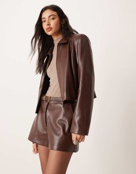 ASOS DESIGN ASOS DESIGN tailored faux leather high waist shorts in chocolate - part of a set-Brown
