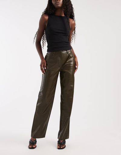 Asos Design Tailored Faux Leather Relaxed Straight Leg Pants In Olive Croc-Green