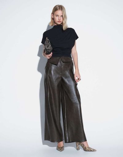 ASOS DESIGN ASOS DESIGN Tailored faux leather wide leg fold over waist pants in khaki-Green