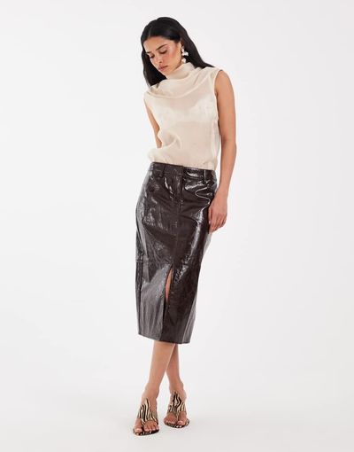 ASOS DESIGN ASOS DESIGN tailored leather look midi pencil skirt in conker crackle-Brown