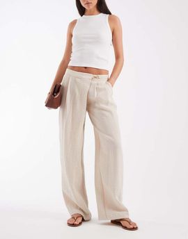 ASOS DESIGN ASOS DESIGN Tailored linen look wrap front gold buckle detail pants in natural-Neutral