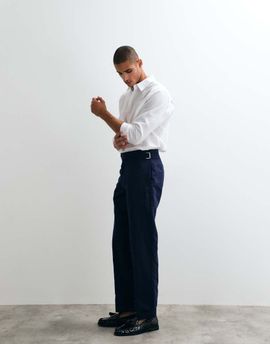 ASOS DESIGN ASOS DESIGN tailored linen rich straight leg pants in navy with side adjuster detail and cuffed hem