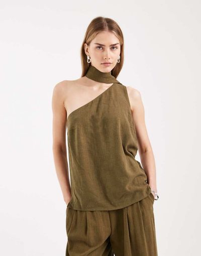 ASOS DESIGN ASOS DESIGN Tailored one shoulder scarf detail top in khaki green