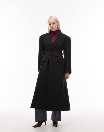 ASOS DESIGN ASOS DESIGN tailored power shoulders belted overcoat in black