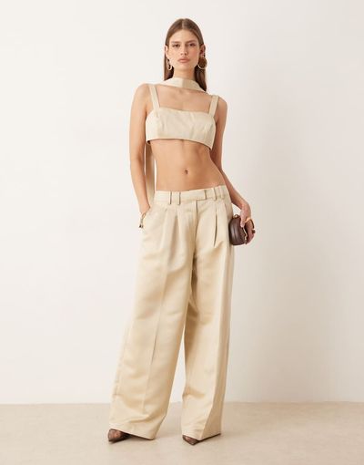 ASOS DESIGN ASOS DESIGN tailored satin pleated detailing wide leg pants in oyster-Neutral