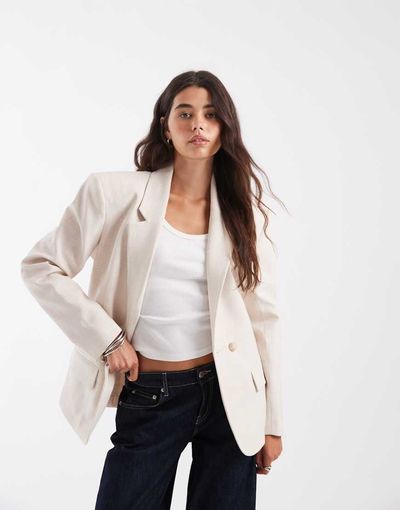 ASOS DESIGN ASOS DESIGN Tailored strong shoulder nipped waist blazer in taupe heather-Neutral